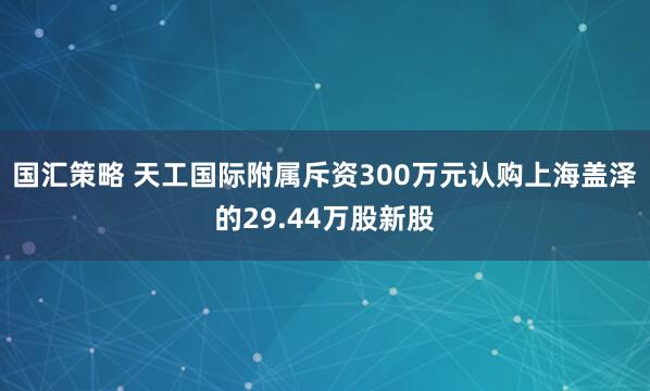 国汇策略 天工国际附属斥资300万元认购上海盖泽的29.44万股新股